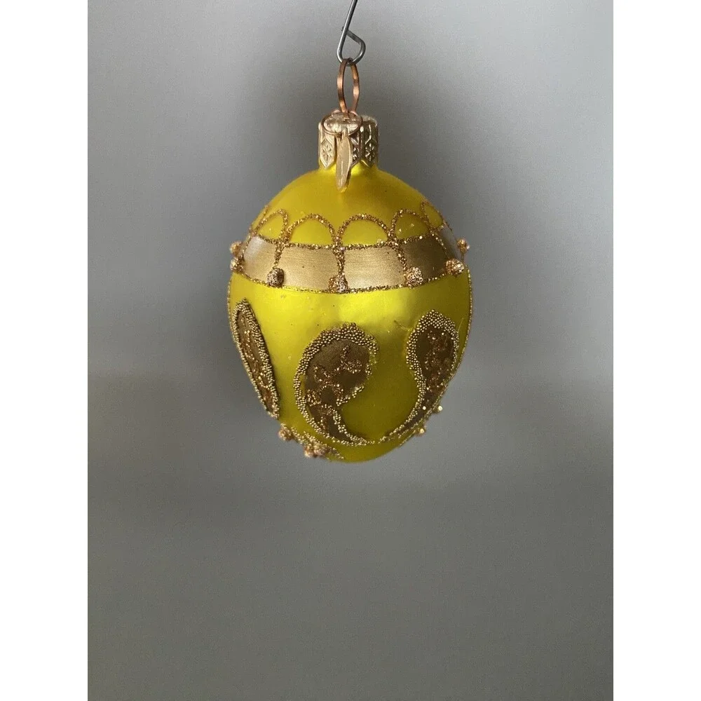Poland Glass Christmas Ornament Lime Green Gold Glitter Clock Charm Holiday Tree